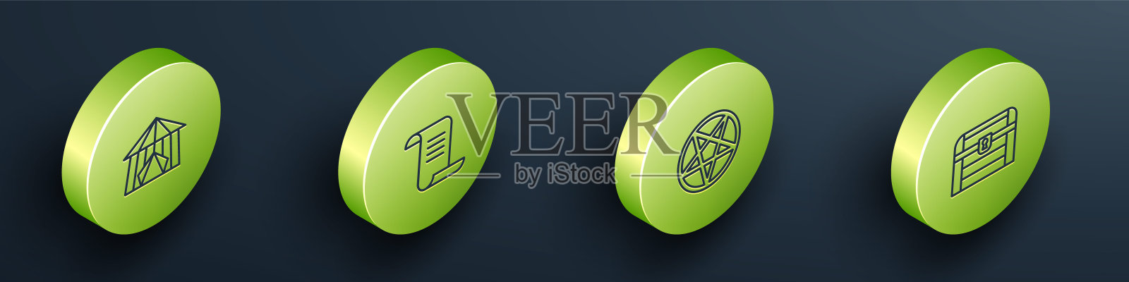 设置等角线马戏团帐篷，古代魔法书，五角星在圆圈和古董宝箱图标。向量图标素材