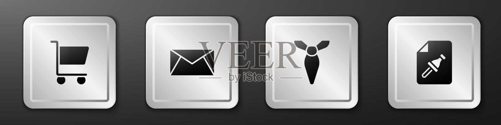 设置购物车，邮件和电子邮件，领带和笔记纸与按钮图标。银广场按钮。向量图标素材