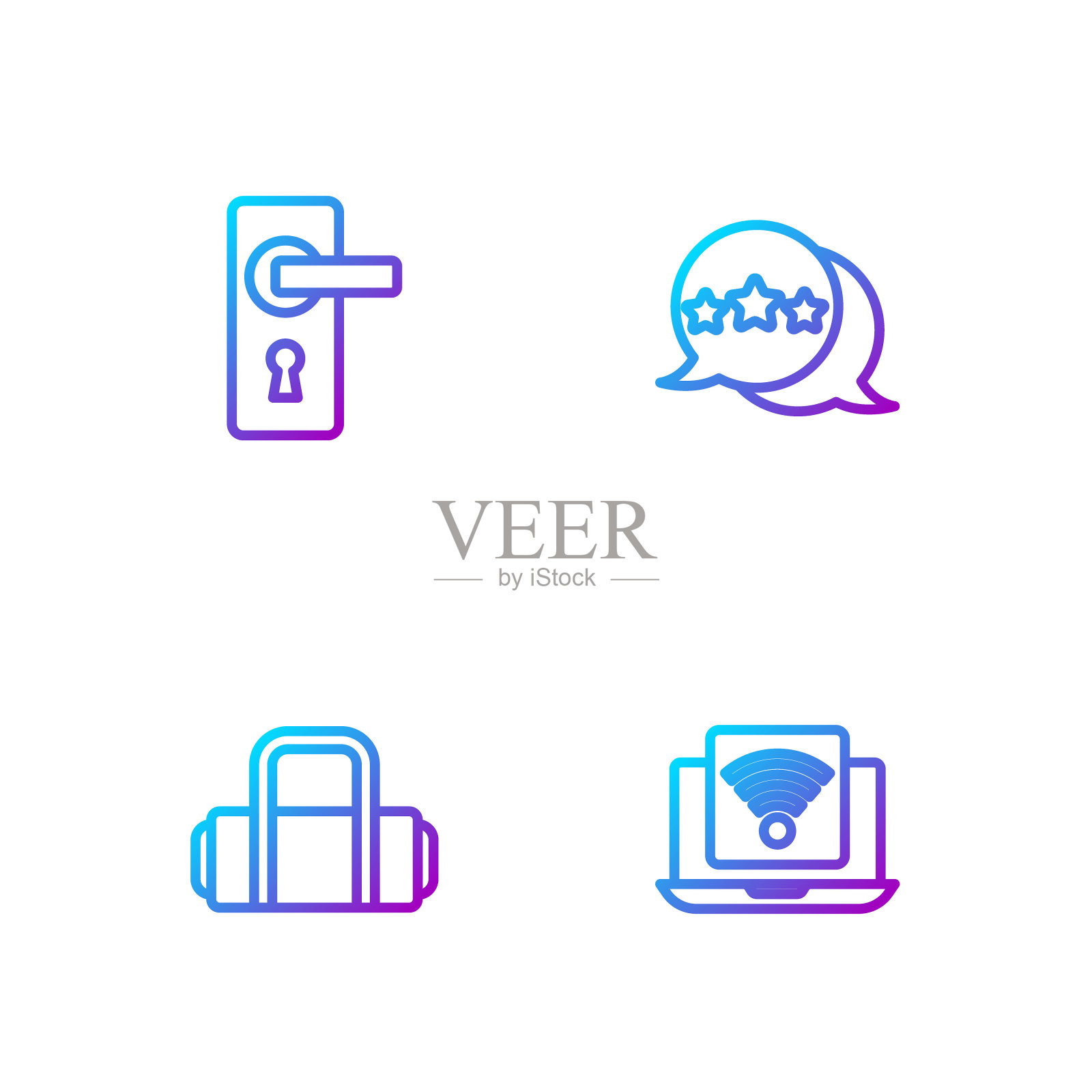 集无线笔记本电脑、箱包、门把手及五星级评价于一体。渐变颜色图标。向量图标素材