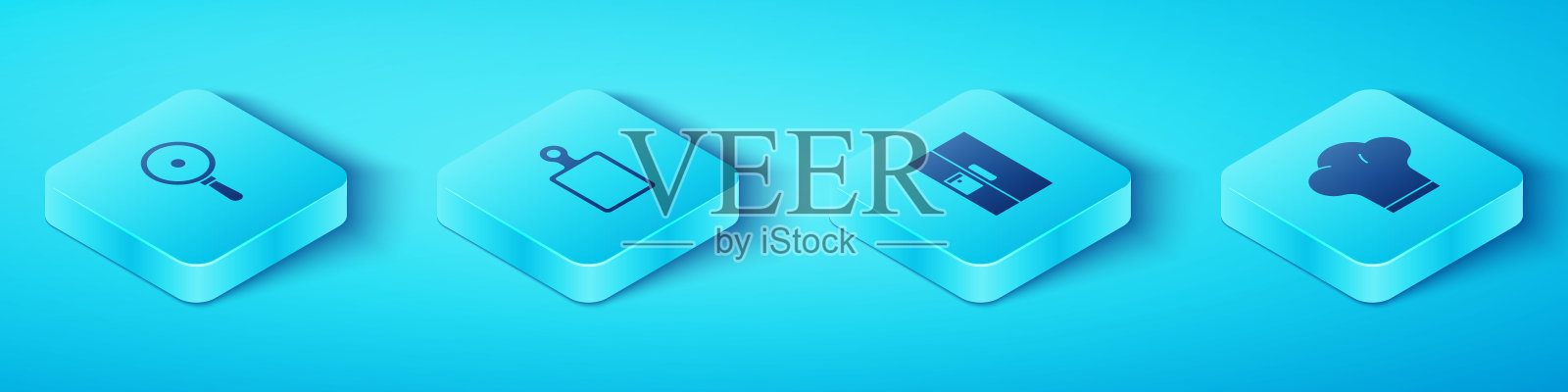 设置等距煎锅，切菜板，厨师帽和冰箱图标。向量插画图片素材