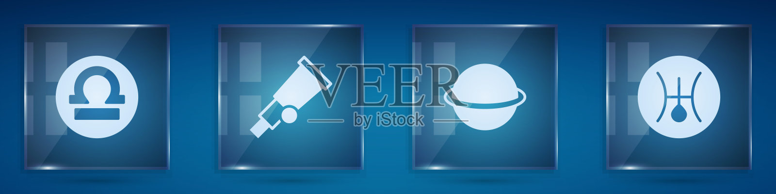 设置天秤座，望远镜，行星土星和象征天王星。方形玻璃面板。向量插画图片素材