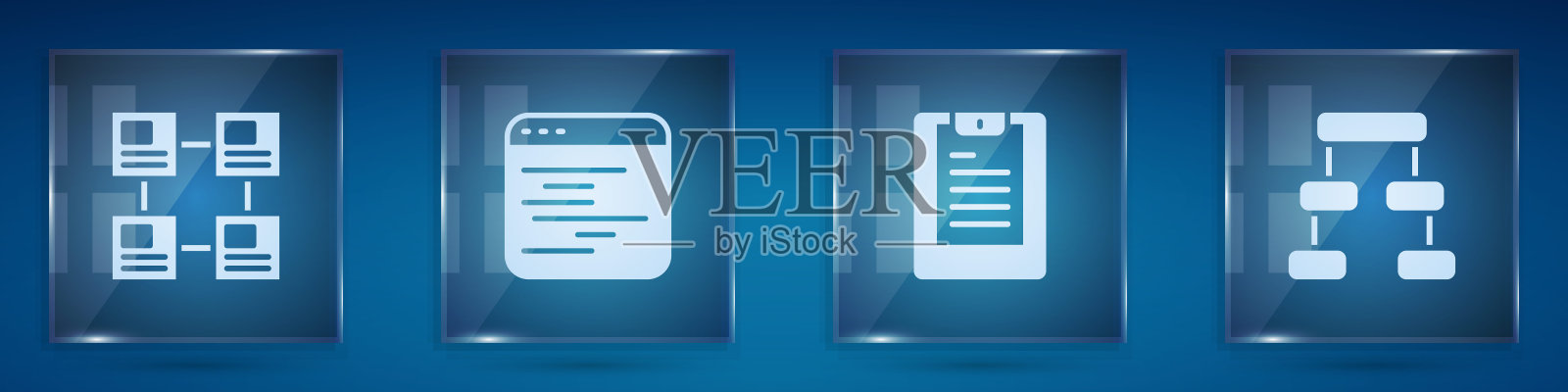 设置层次结构图、软件、服务器、数据报表和。方形玻璃面板。向量插画图片素材