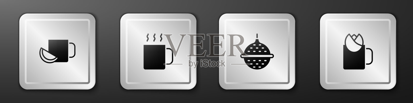 放一杯柠檬茶，球过滤器和玫瑰图标。银广场按钮。向量图标素材