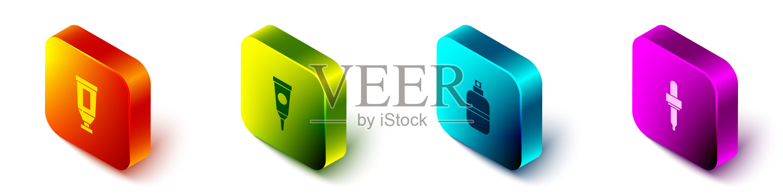 设置等距面霜或乳液化妆品管，，香水和移液器图标。向量图标素材