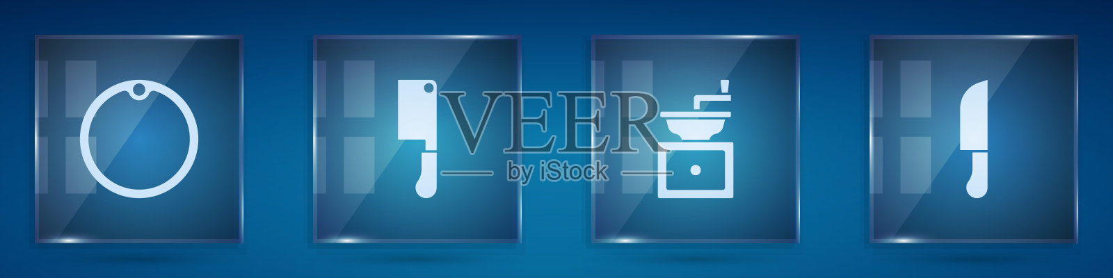 设置切菜板，剁肉机，手动咖啡研磨机和刀。方形玻璃面板。向量插画图片素材