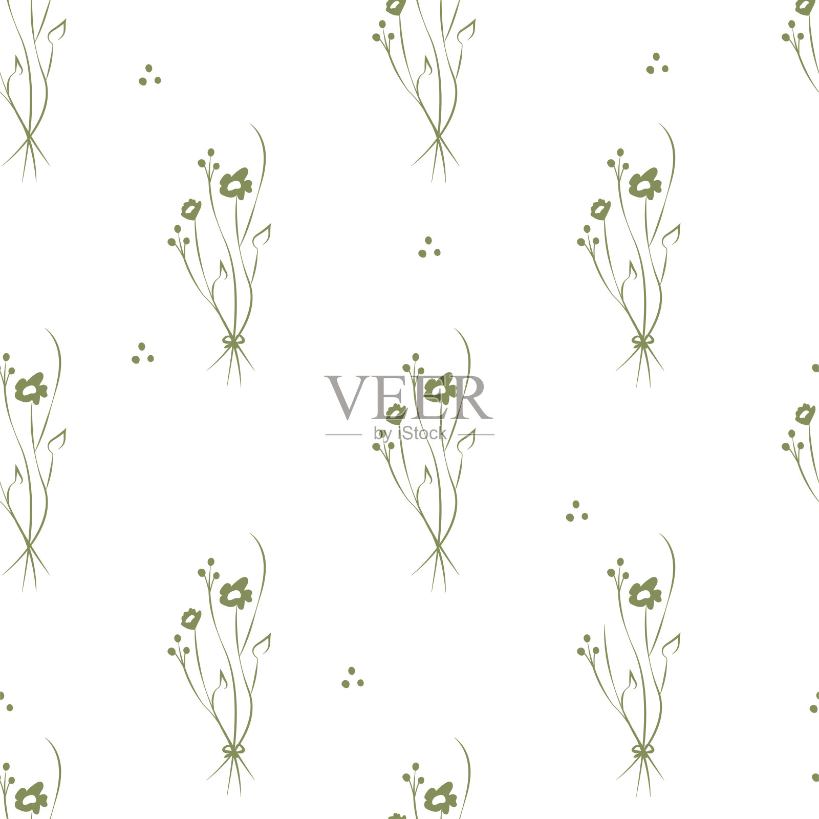 向量绿色插图。花卉无缝模式。一束野花。手绘的花田。简单的花。盛开的野花头。轮廓图。插画图片素材