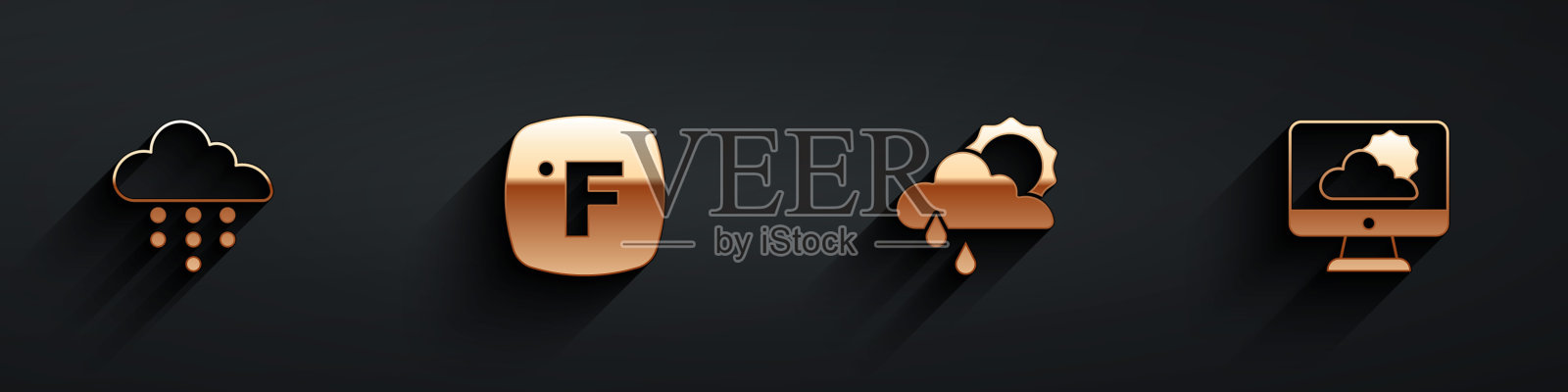 设置云与雨，华氏，和太阳和天气预报图标与长阴影。向量插画图片素材