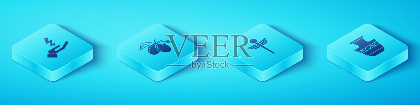 设置等距宙斯，橄榄枝，古代双耳罐和蛇杖医学图标。向量图标素材