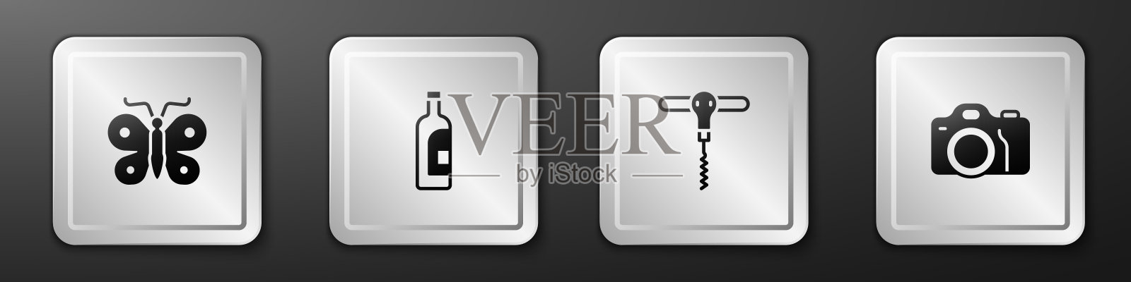 设置蝴蝶，葡萄酒，葡萄酒开瓶器和照片相机图标。银广场按钮。向量图标素材