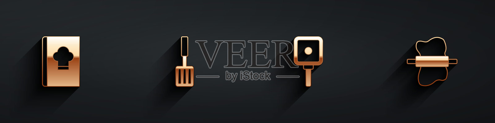 设置烹饪书，烧烤铲，煎锅和擀面杖在面团图标上的长阴影。向量图标素材