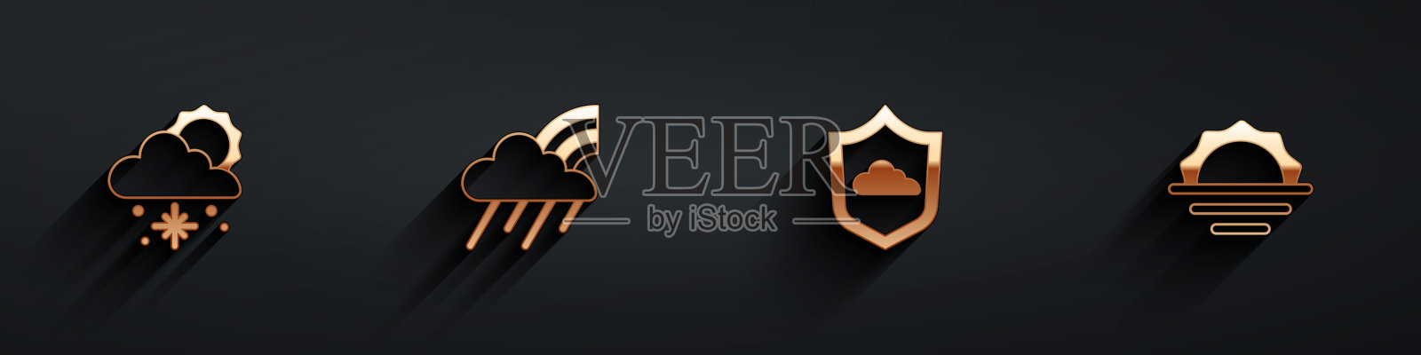 设置云与雪和太阳，彩虹云雨，天气预报和日出图标与长阴影。向量图标素材