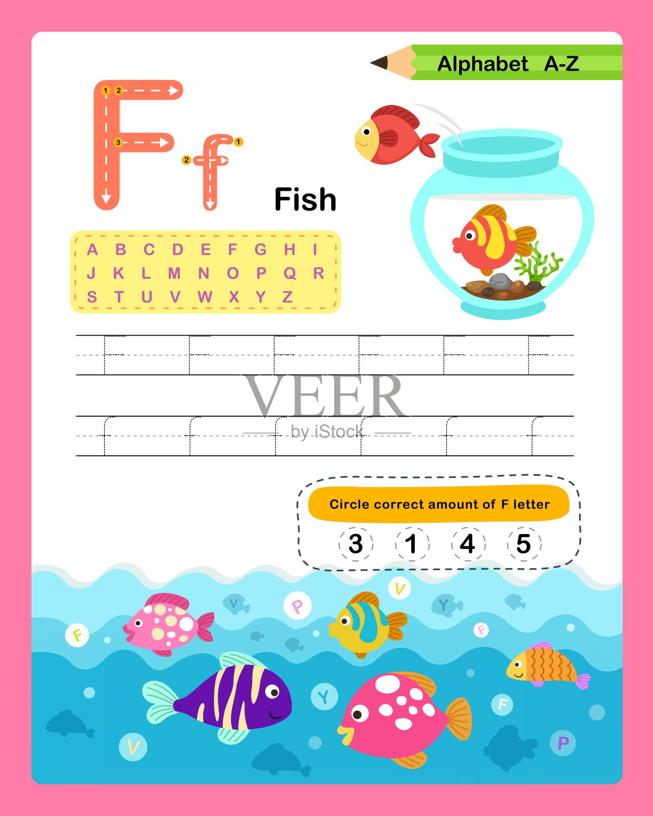 字母字母F -鱼练习与卡通词汇插图，矢量设计模板素材
