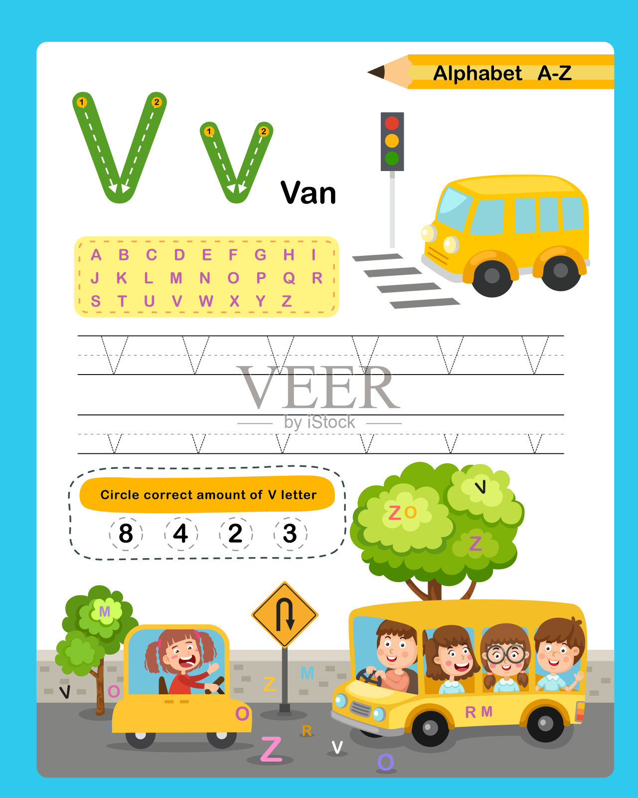 字母V - Van练习与卡通词汇插图，矢量插画图片素材