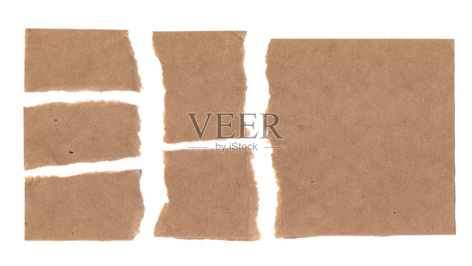 纸板件设置孤立。纸箱件模型收集，撕裂的牛皮纸模板，棕色包装碎片纸与复制空间顶视图照片摄影图片