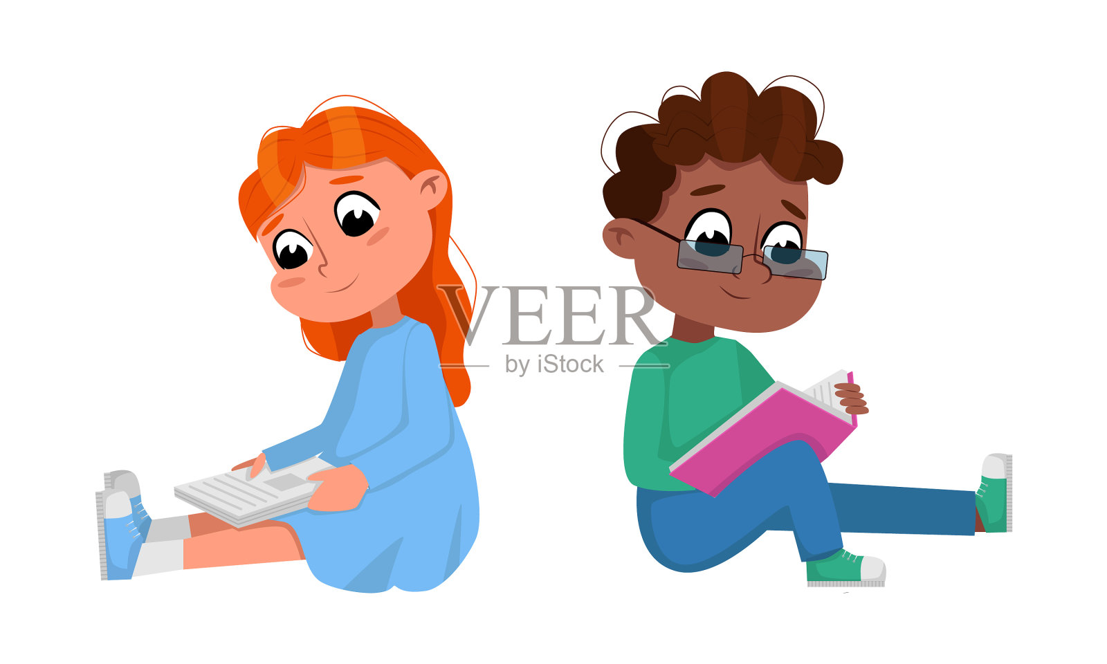 孩子们看书可爱的女孩和男孩学习和设计元素图片