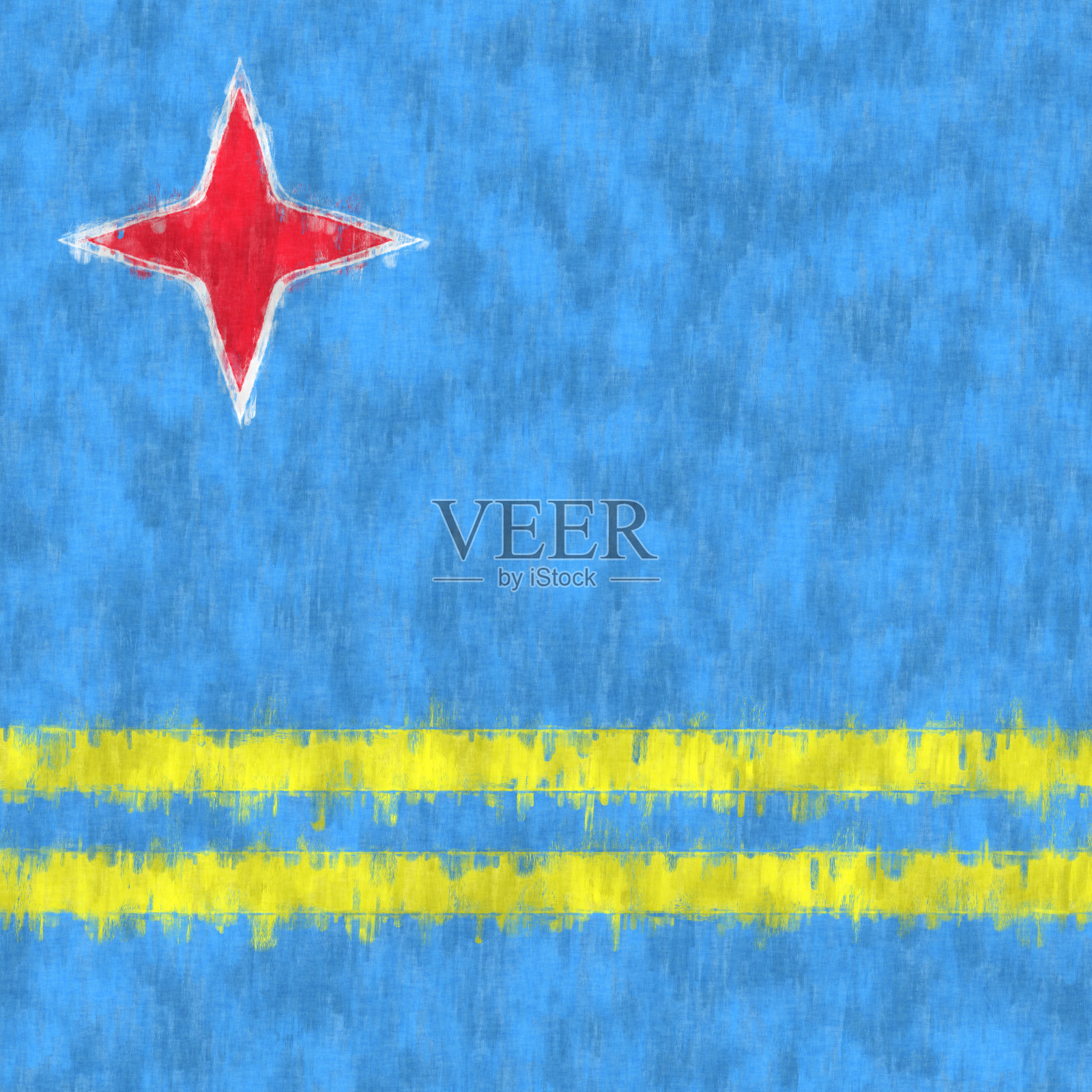 阿鲁巴岛油画。阿鲁巴会徽油画布。绘有国家国旗的图画。照片摄影图片