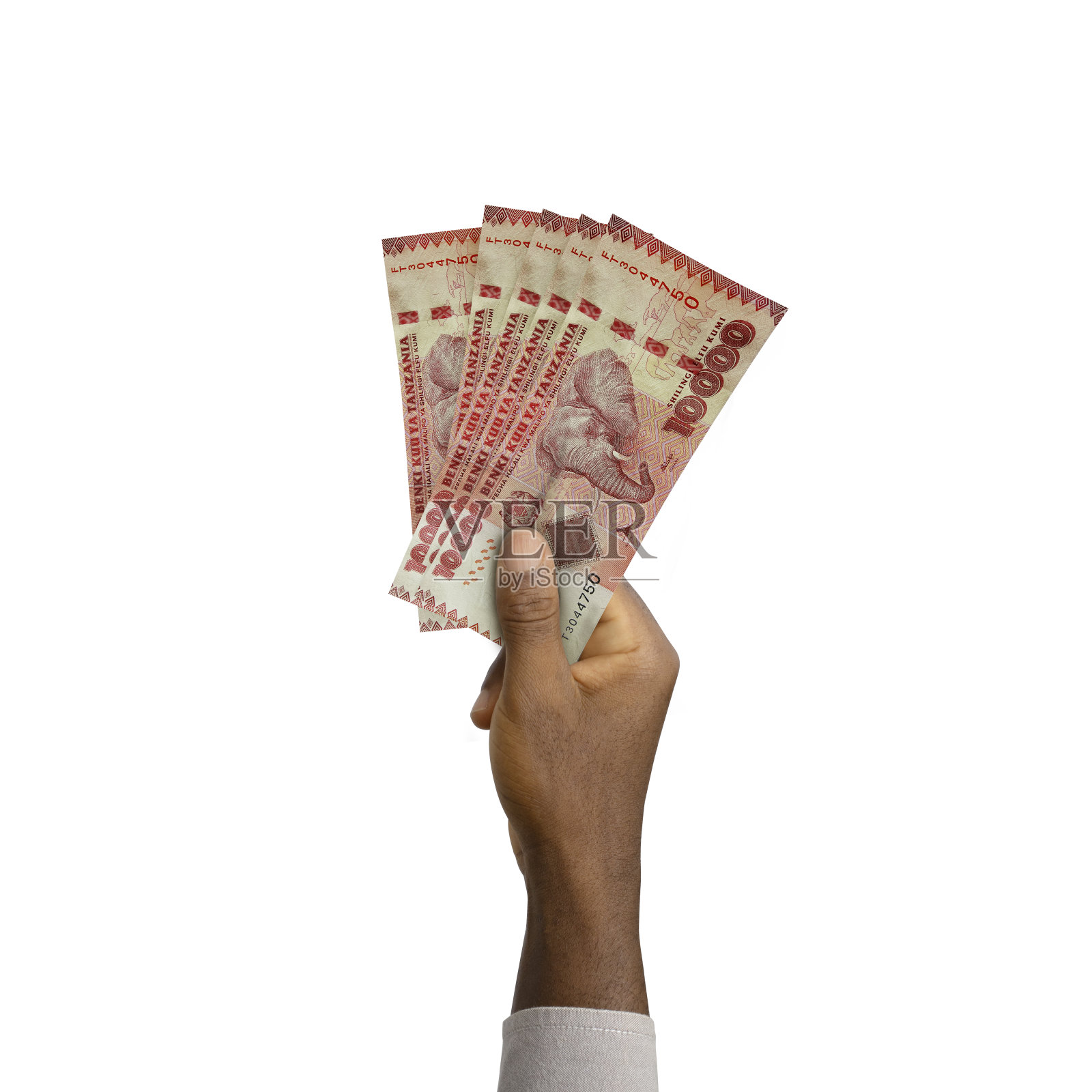 黑手持有3D渲染的坦桑尼亚先令纸币照片摄影图片