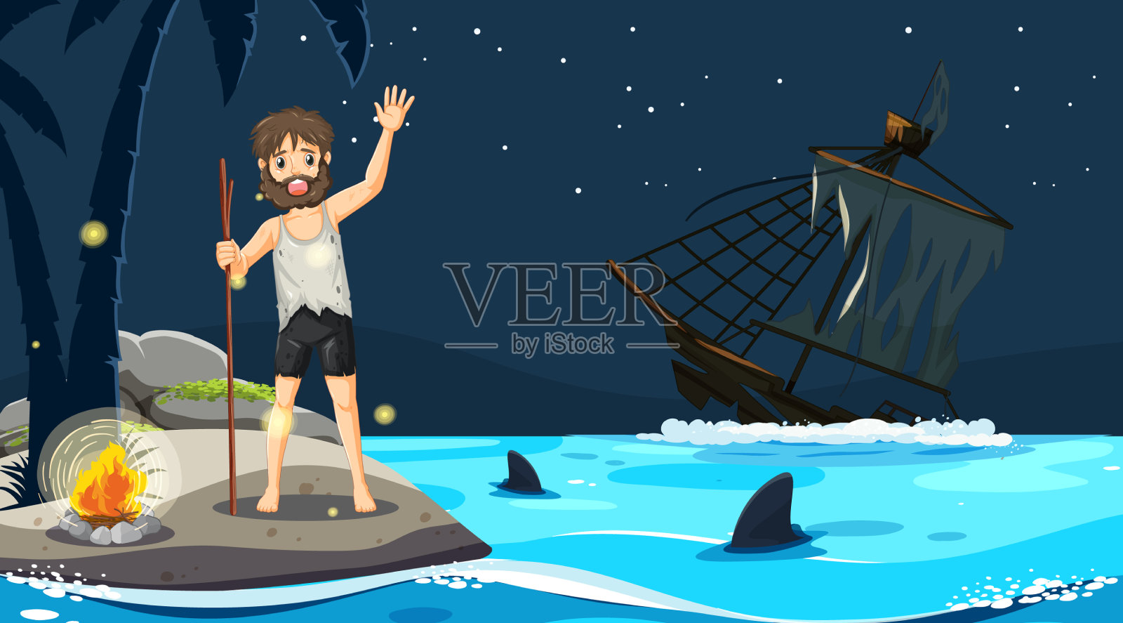 一个人被孤立在荒岛上插画图片素材