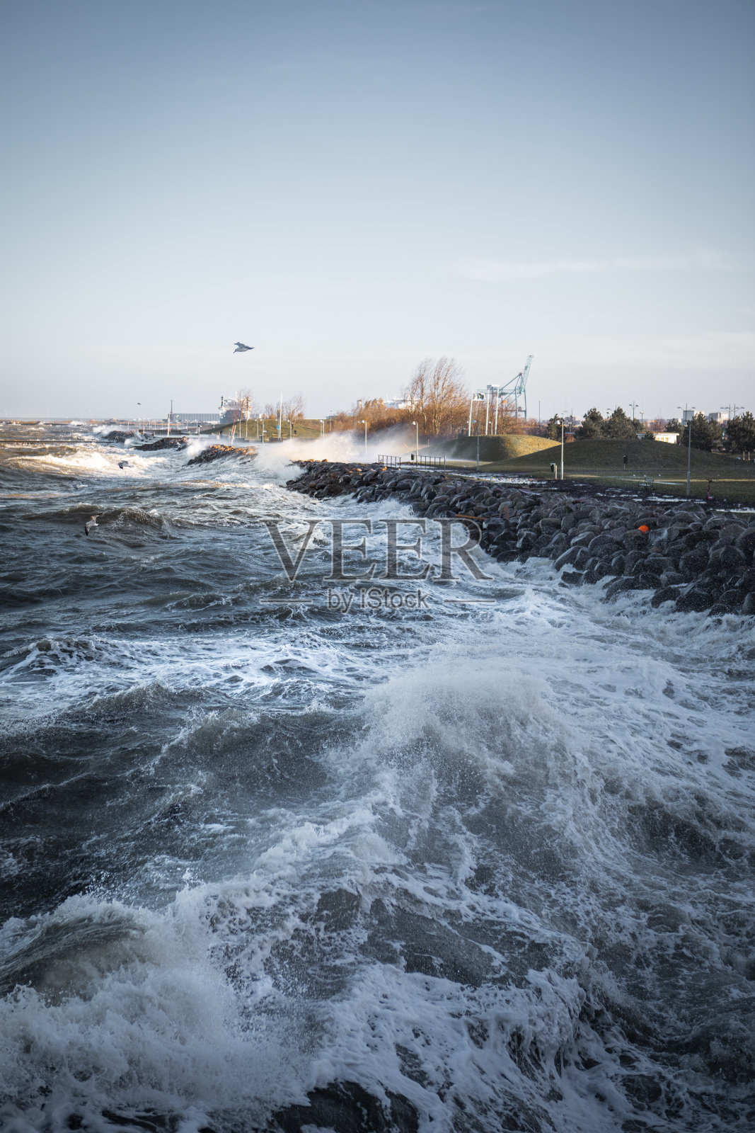 来自瑞典马尔默西部港口马利克的强风。照片摄影图片