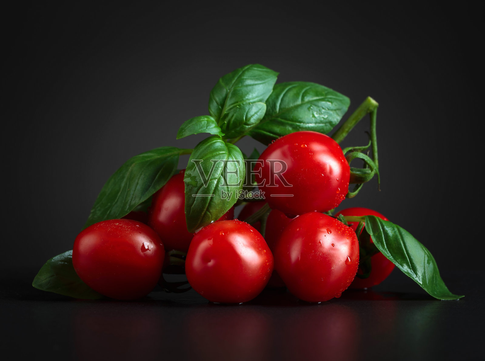 番茄和绿罗勒。照片摄影图片