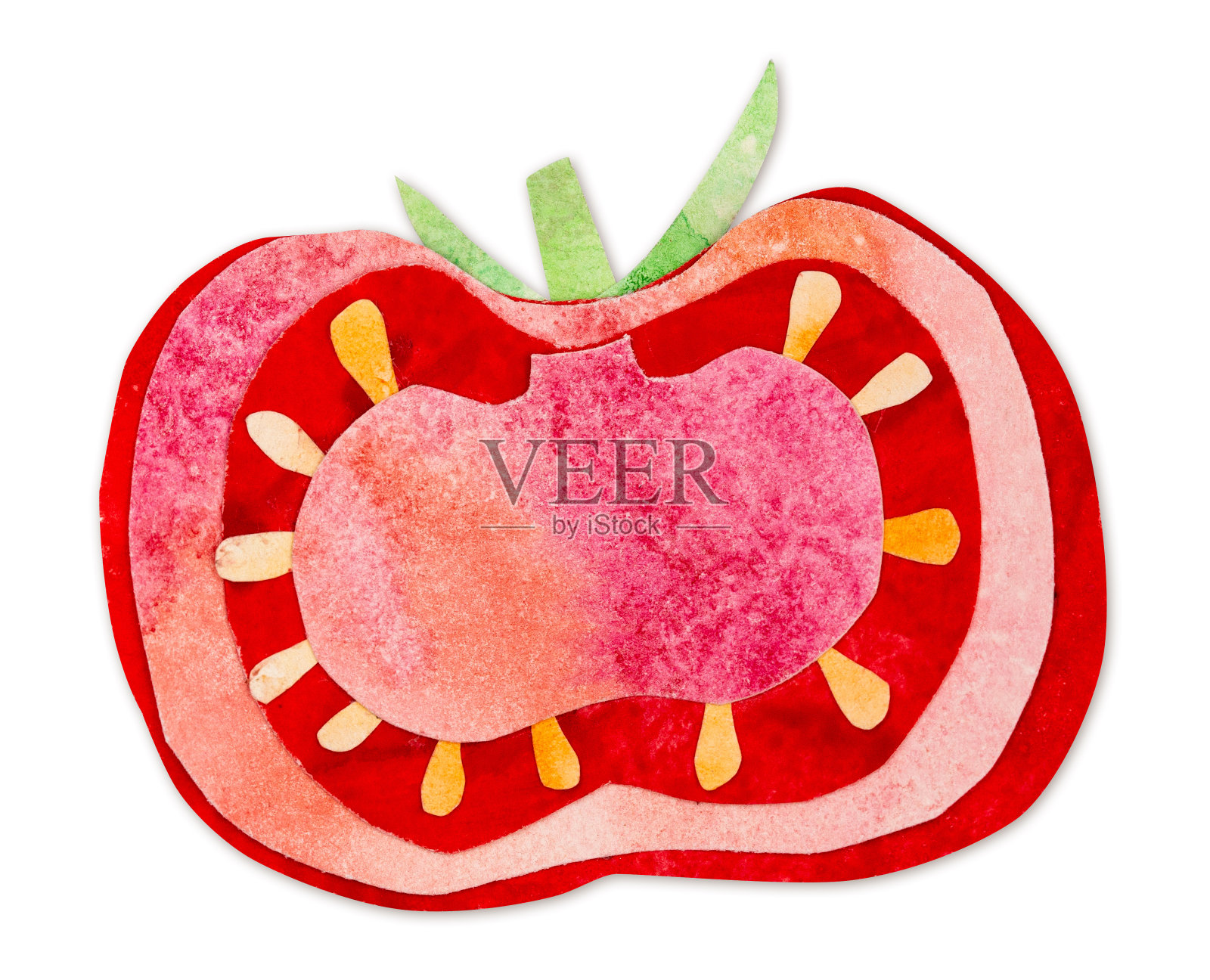 手绘水彩剪纸红番茄。明亮可爱的卡哇伊童心风格插图，适合农贸市场，超市产品设计，贴纸或明信片插画图片素材
