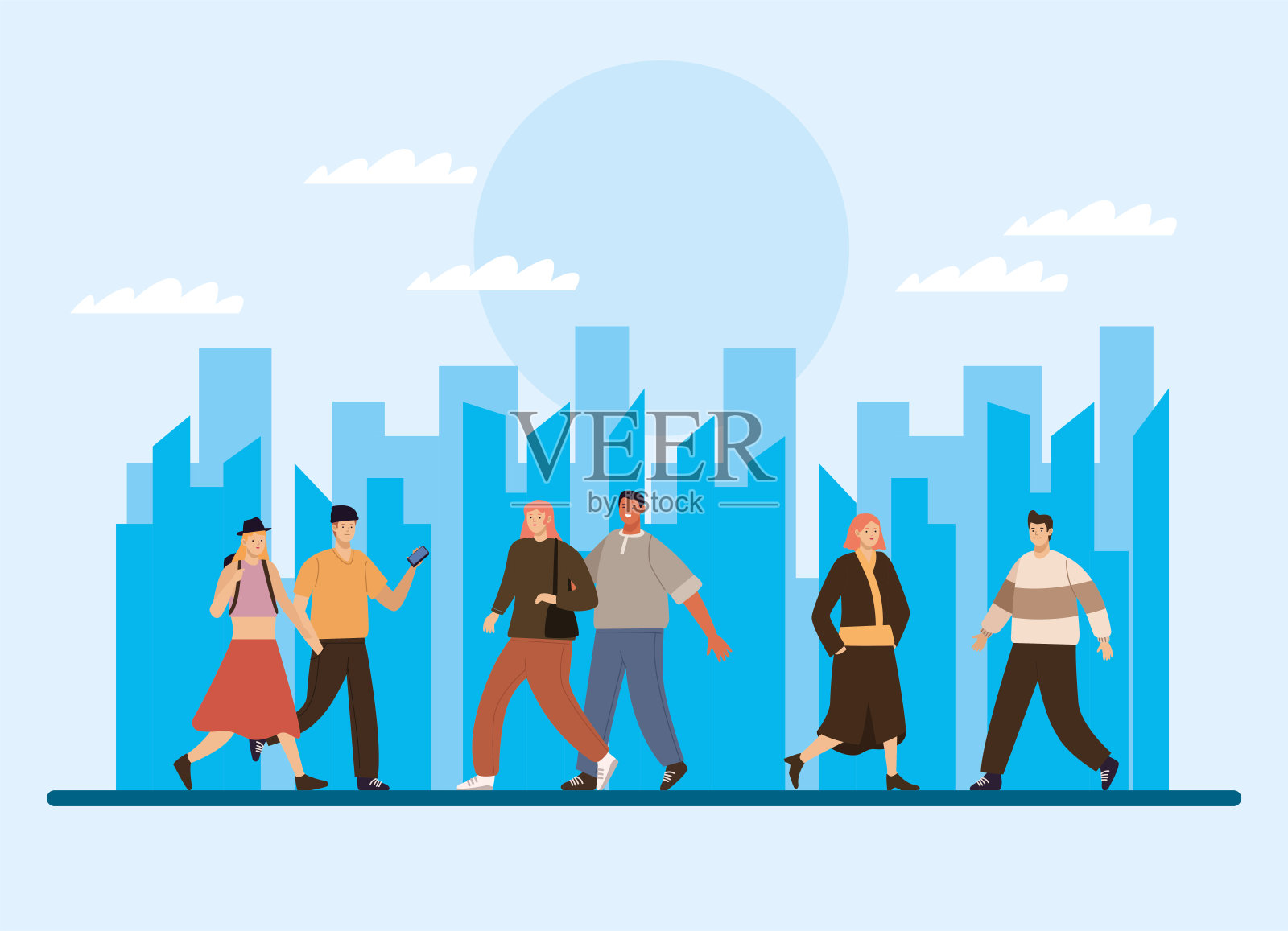 六个人走在城市里插画图片素材