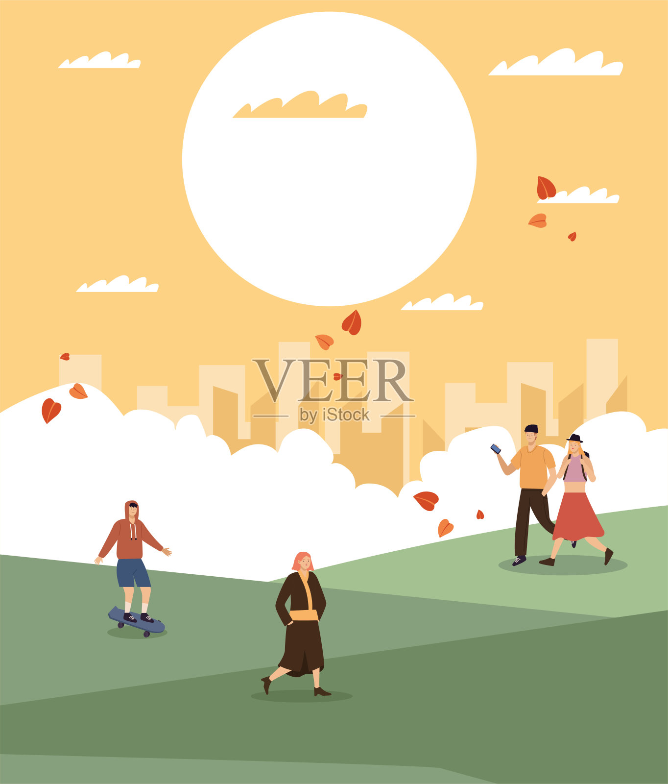 人群在景观中行走插画图片素材