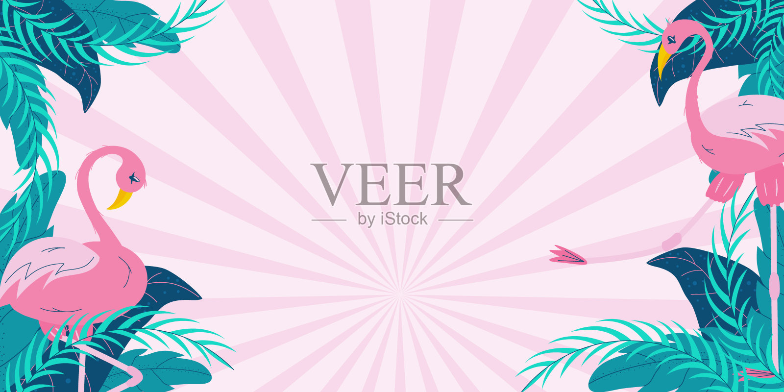 夏季横幅热带树叶和火烈鸟在粉红色的背景与文本空间。绿色的叶子和粉红色的鸟。平面矢量水平插图插画图片素材