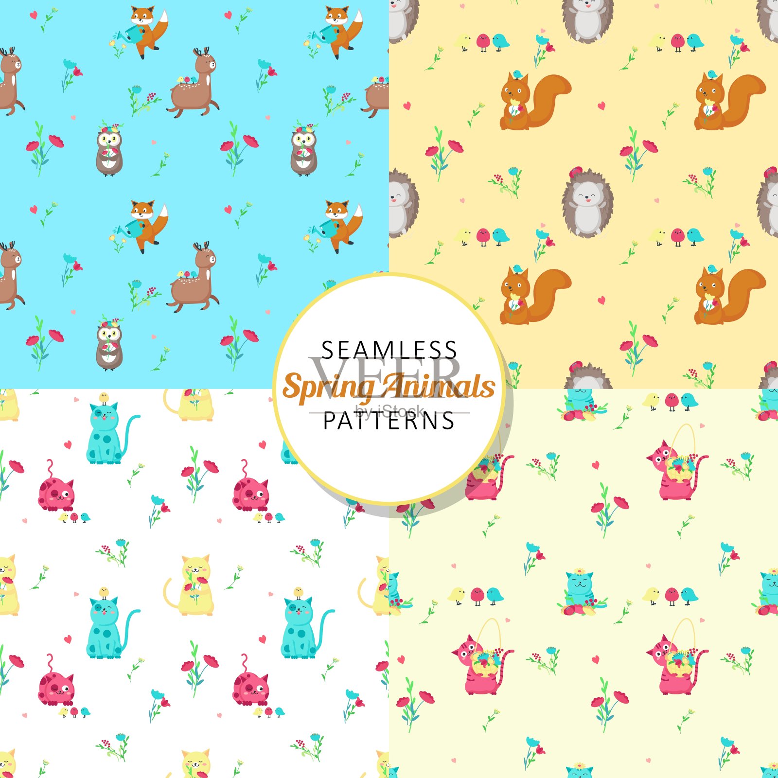 弹簧无缝图案设置。春天幼稚的背景壁纸可爱的动物，花，鸟，矢量插图插画图片素材