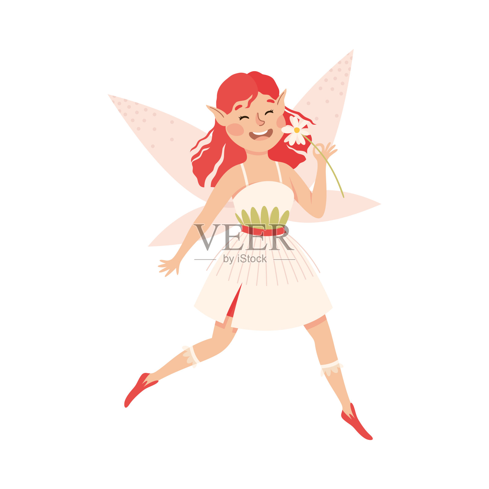 可爱的女孩仙女飞与翅膀和气味花矢量插图设计元素图片