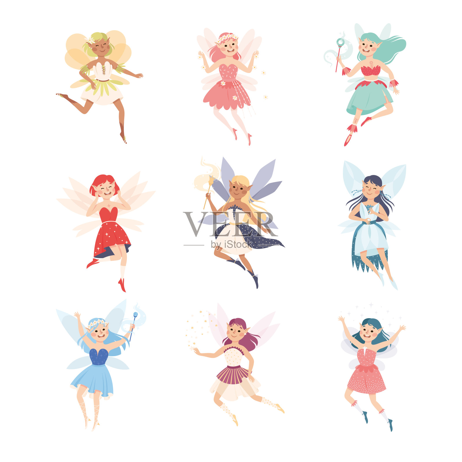 可爱的女孩仙女翅膀飞与魔术棒向量集设计元素图片