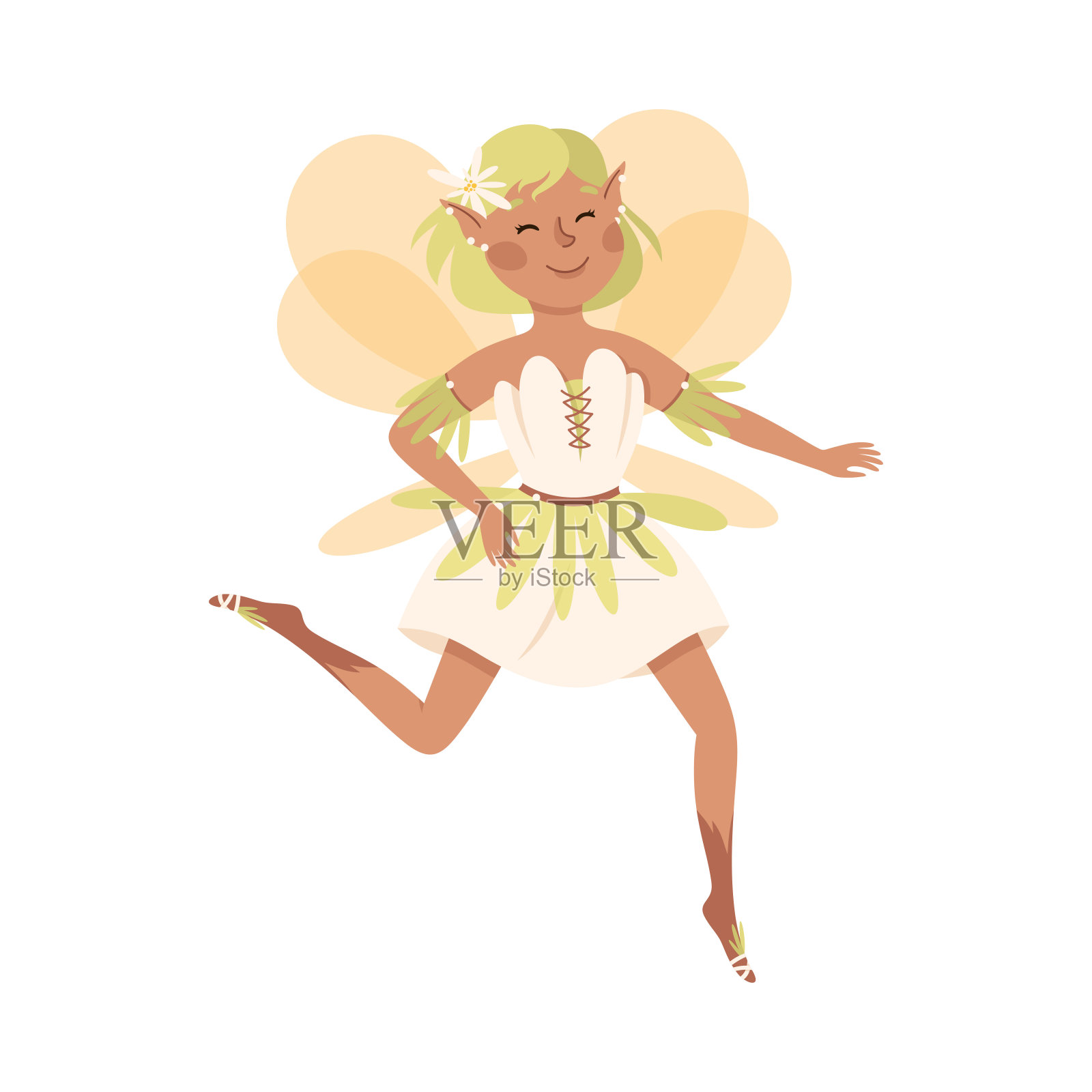 可爱的女孩仙女飞与翅膀和微笑的矢量插图设计元素图片