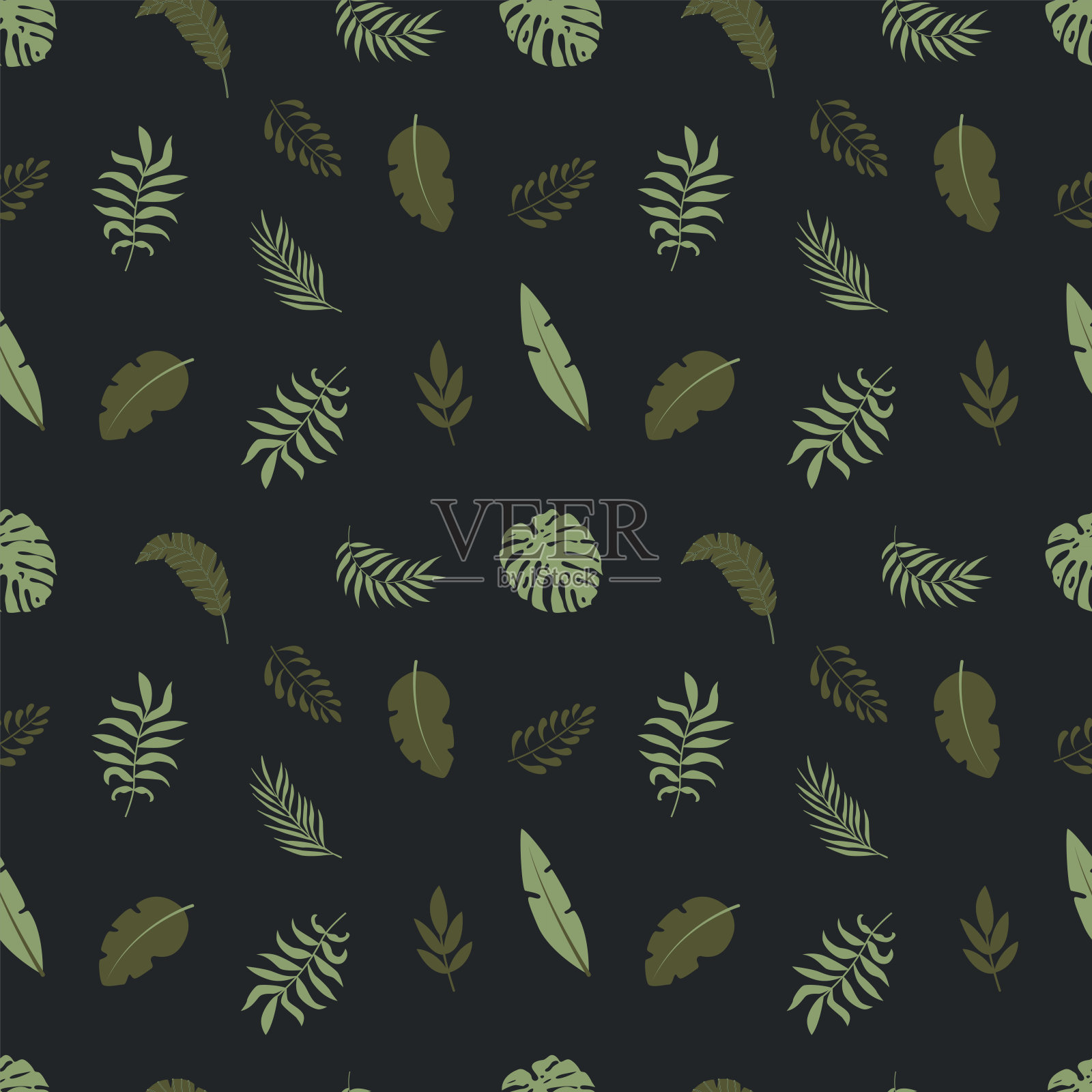 热带树叶的无缝图案。平面矢量插图的t恤印刷，海报和其他用途。插画图片素材