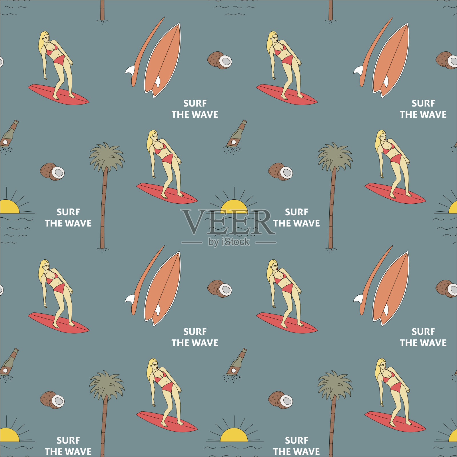 手绘矢量无缝模式。冲浪女，太阳，椰子和棕榈树。插画图片素材