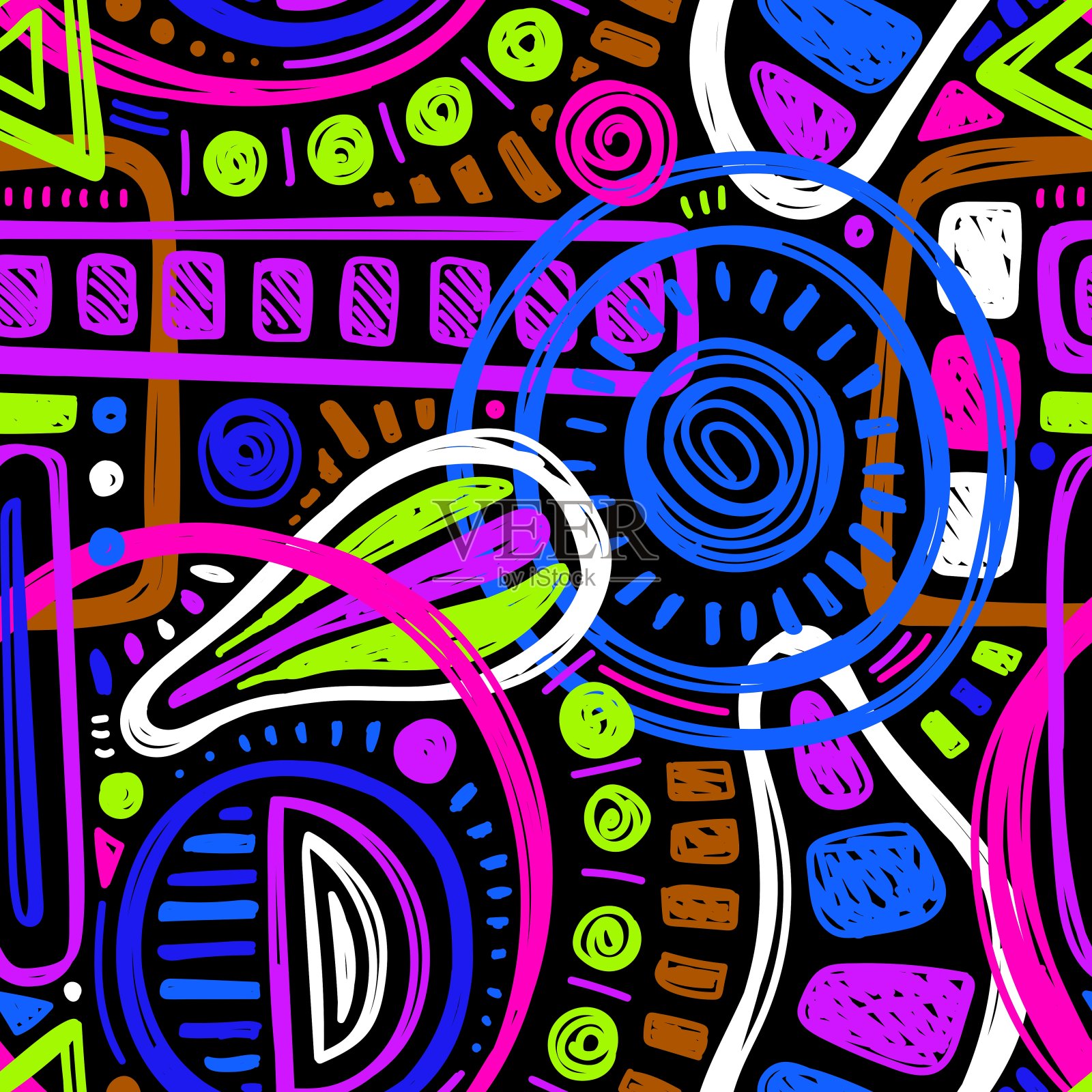 黑色无缝向量背景与明亮的霓虹灯几何和抽象元素插画图片素材