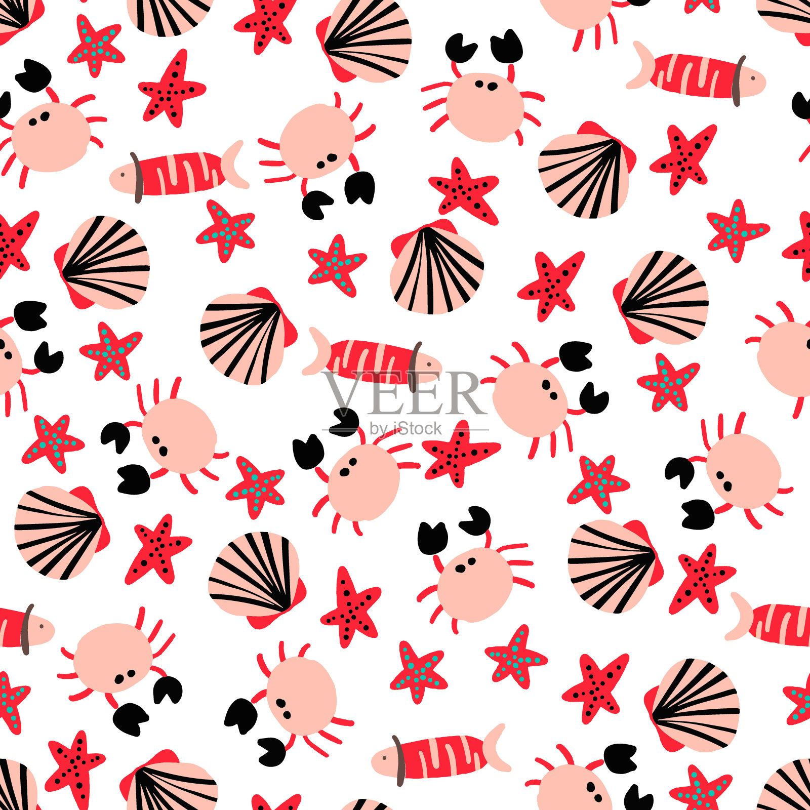 可爱的螃蟹和鱼矢量无缝模式插画图片素材