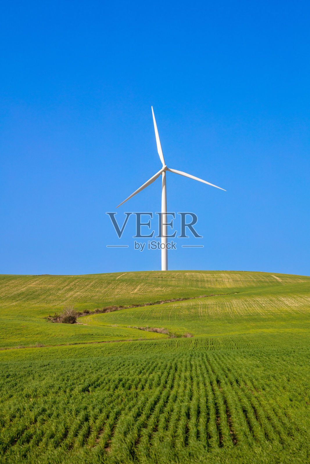 风力涡轮机，绿色田野上的风车能源照片摄影图片