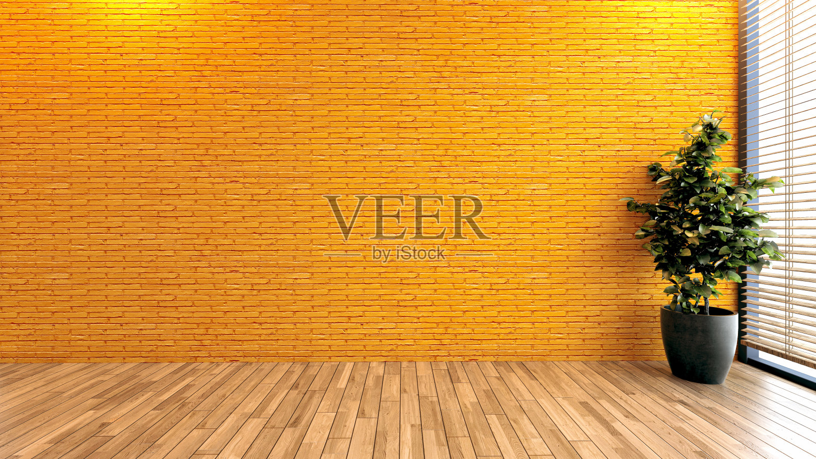 极简主义设计空无一物的现代办公室或住宅，黄色砖墙，3D渲染照片摄影图片