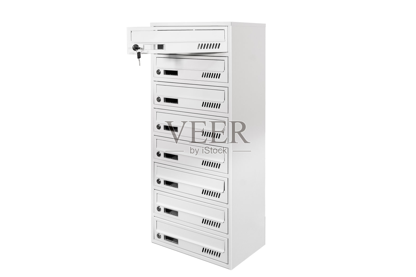 邮箱里塞满了传单和信件。浅景深，邮箱和锁在入口处照片摄影图片