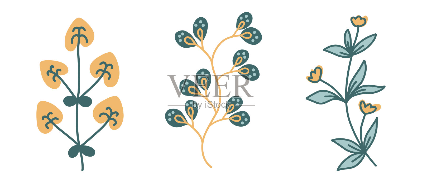 一套程式化的各种树枝，树叶，花朵装饰。矢量颜色插图在平坦的斯堪的纳维亚风格，孤立在白色背景。插画图片素材