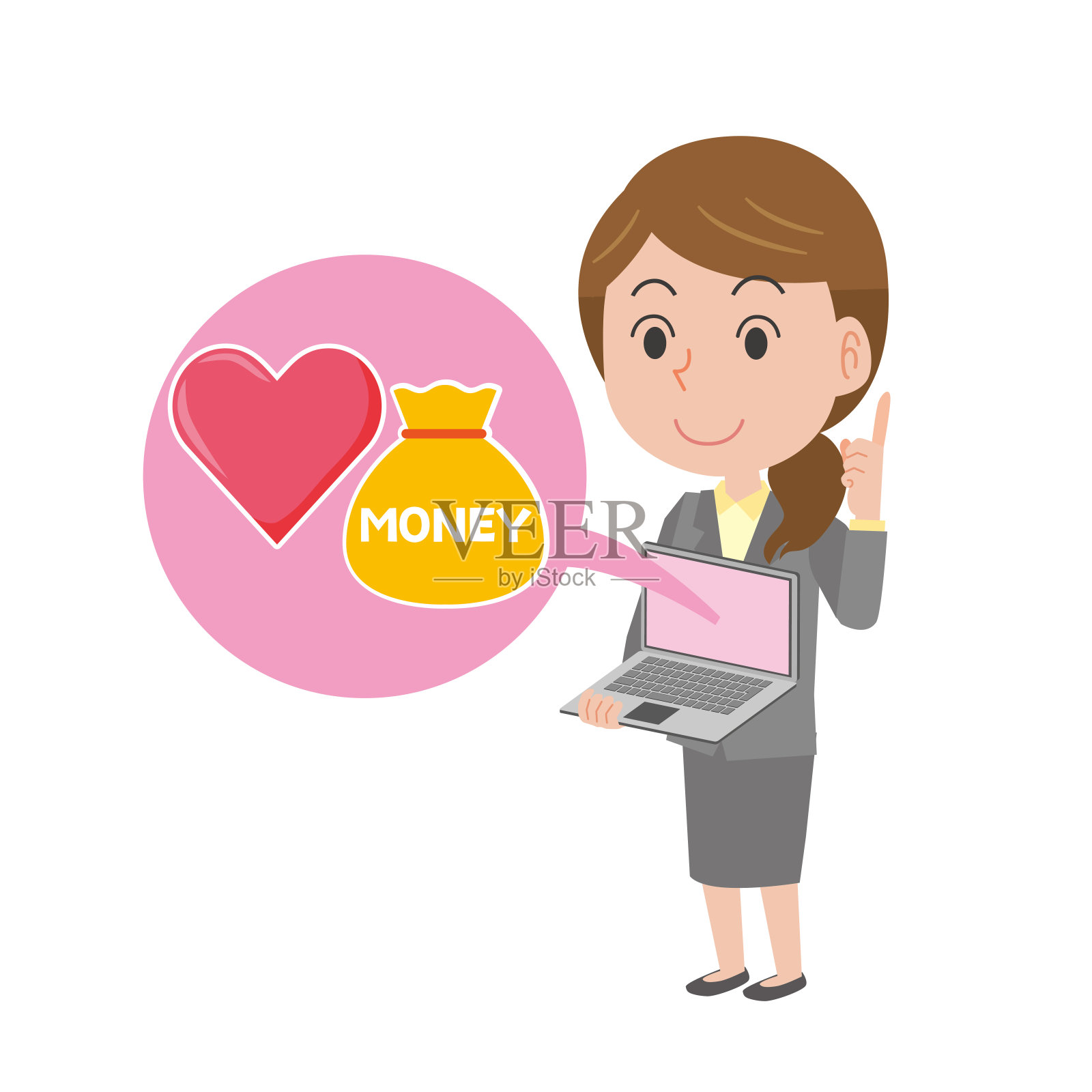 一位女士一边展示电脑屏幕一边解释保险插画图片素材