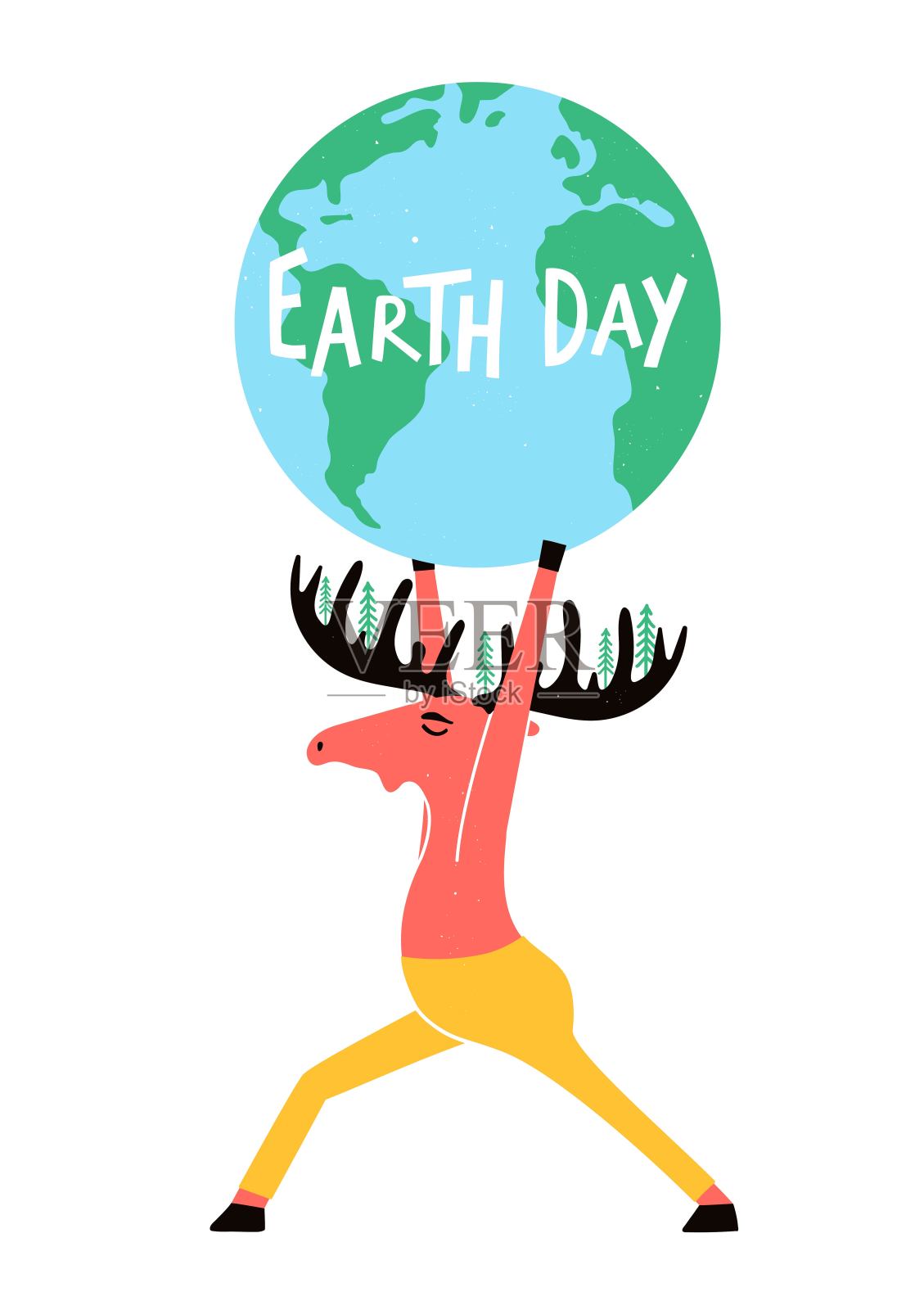 矢量插图与瑜伽姿势的驼鹿与地球行星和小树。地球日文本。插画图片素材
