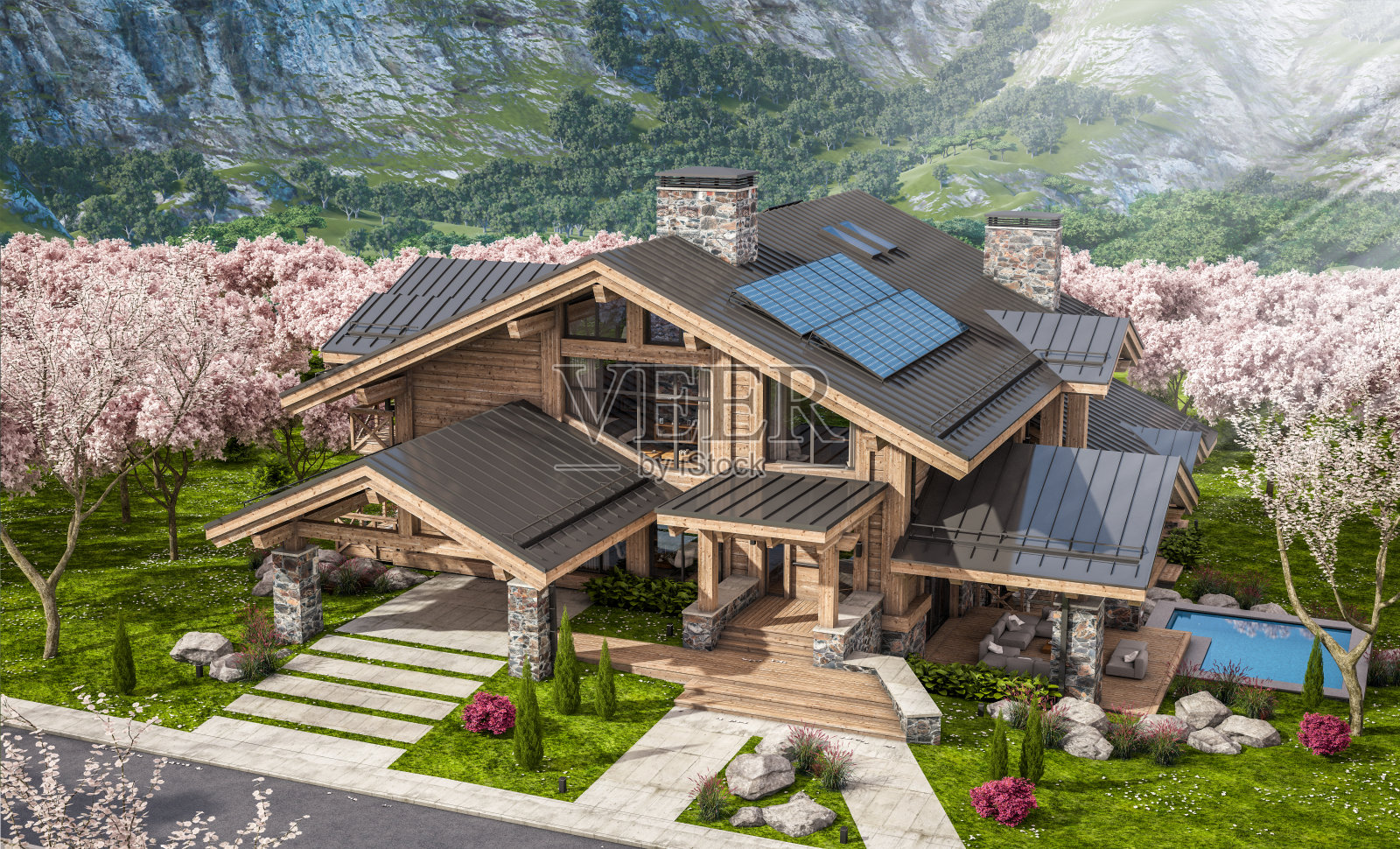 现代舒适小屋在春天的3d渲染照片摄影图片