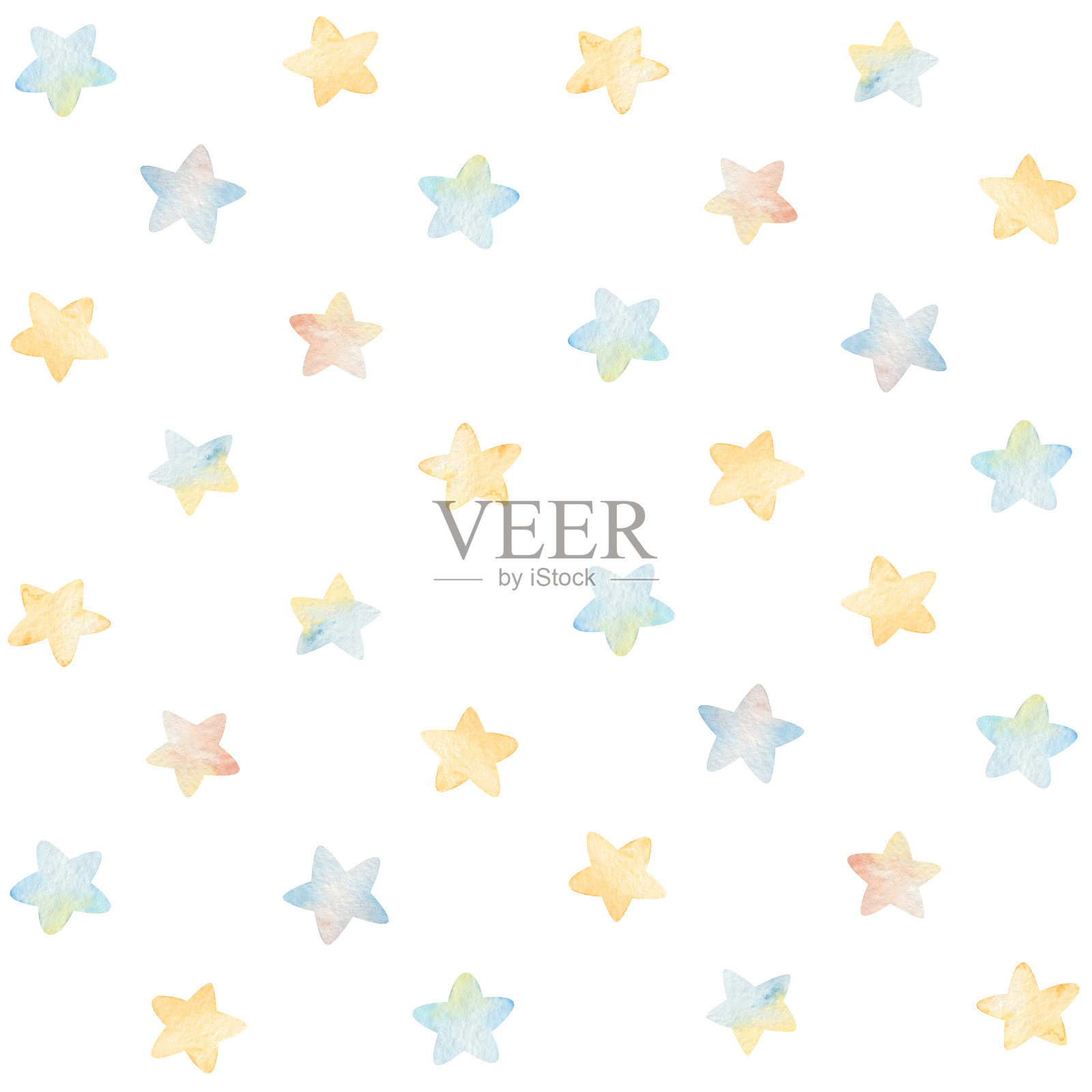 水彩无缝图案柔和的金色和蓝色星星在白色的背景。手工制作的插图印刷。用于设计，婴儿房，卡片，亚麻布，亚麻布，墙纸，箱包设计，海报。设计元素图片