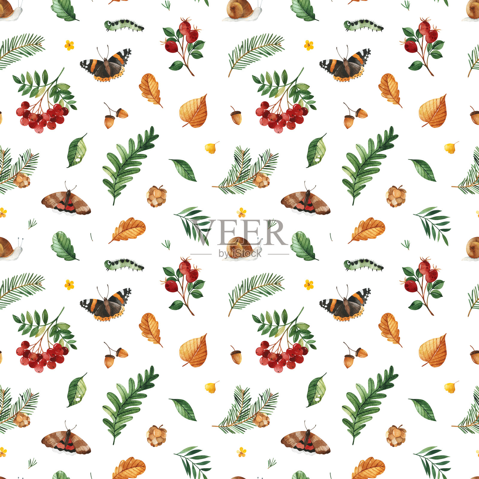 可爱的林地集合。水彩无缝模式插画图片素材