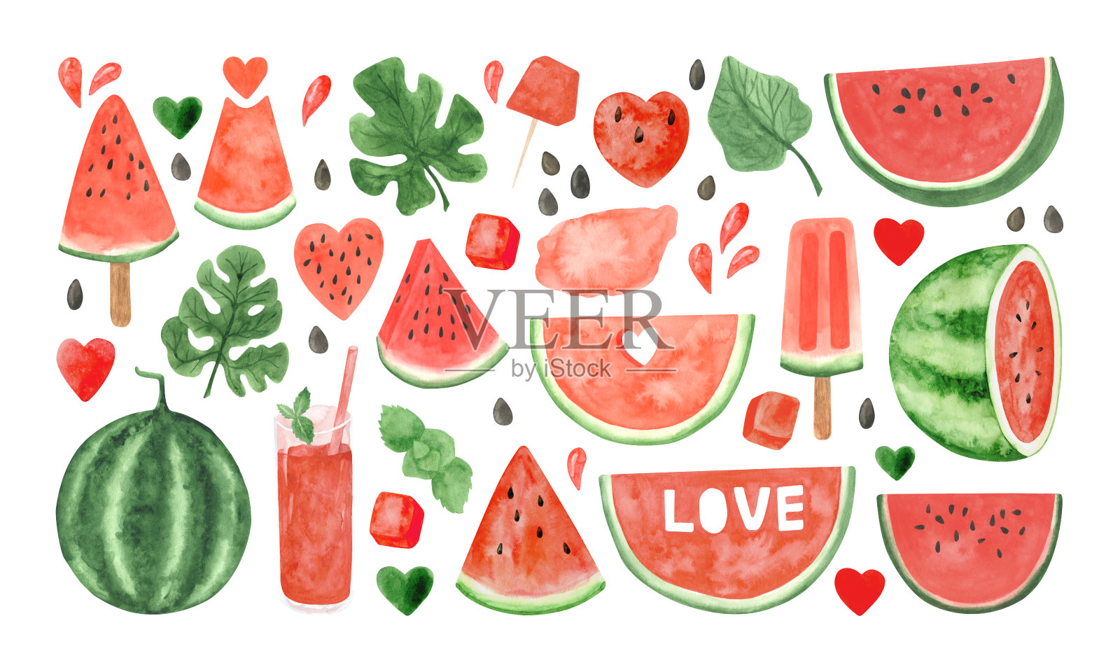 水彩西瓜剪纸集，夏天成熟的水果，西瓜派对插画图片素材