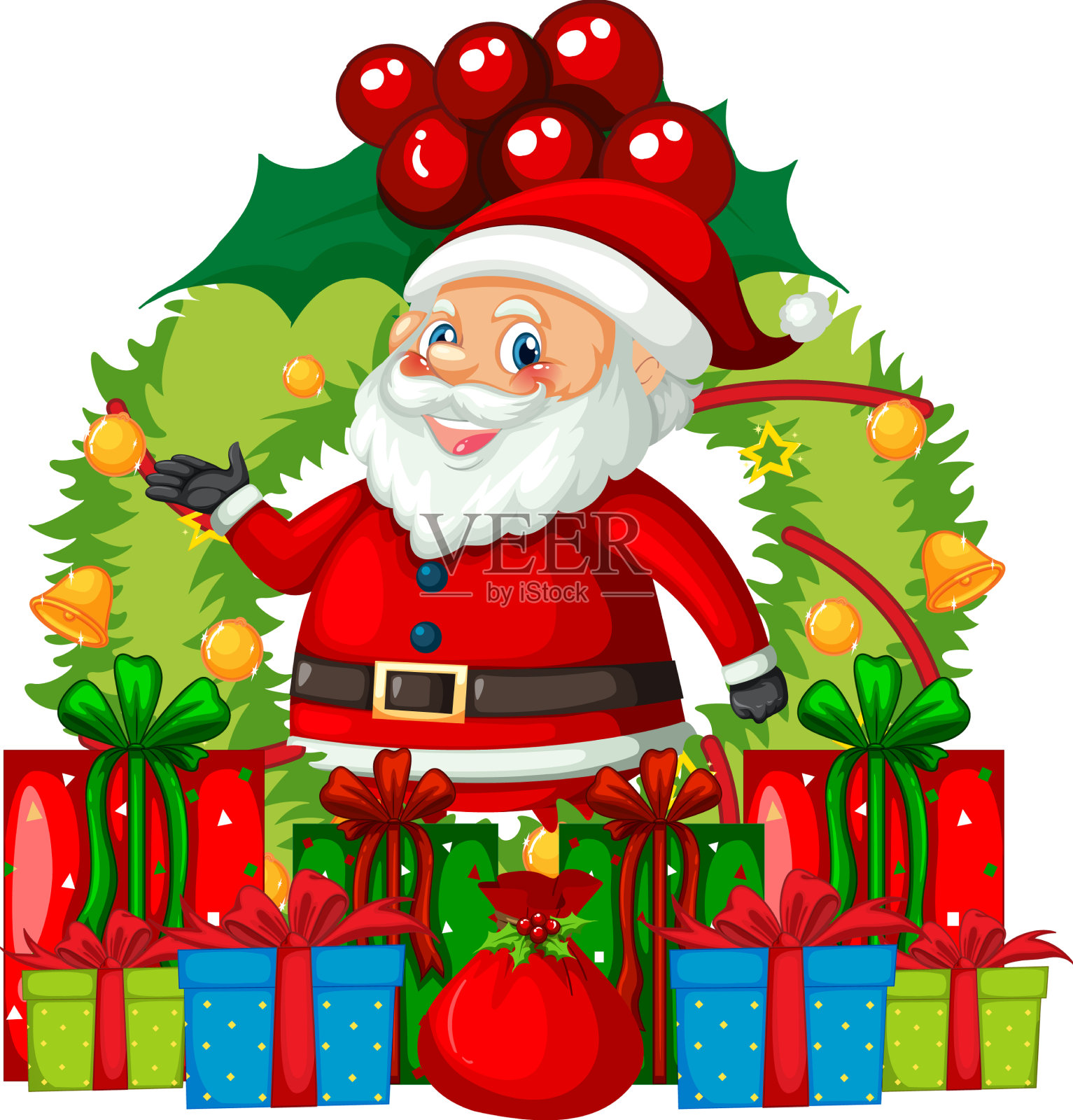 圣诞老人的圣诞花环上有许多礼品盒设计元素图片