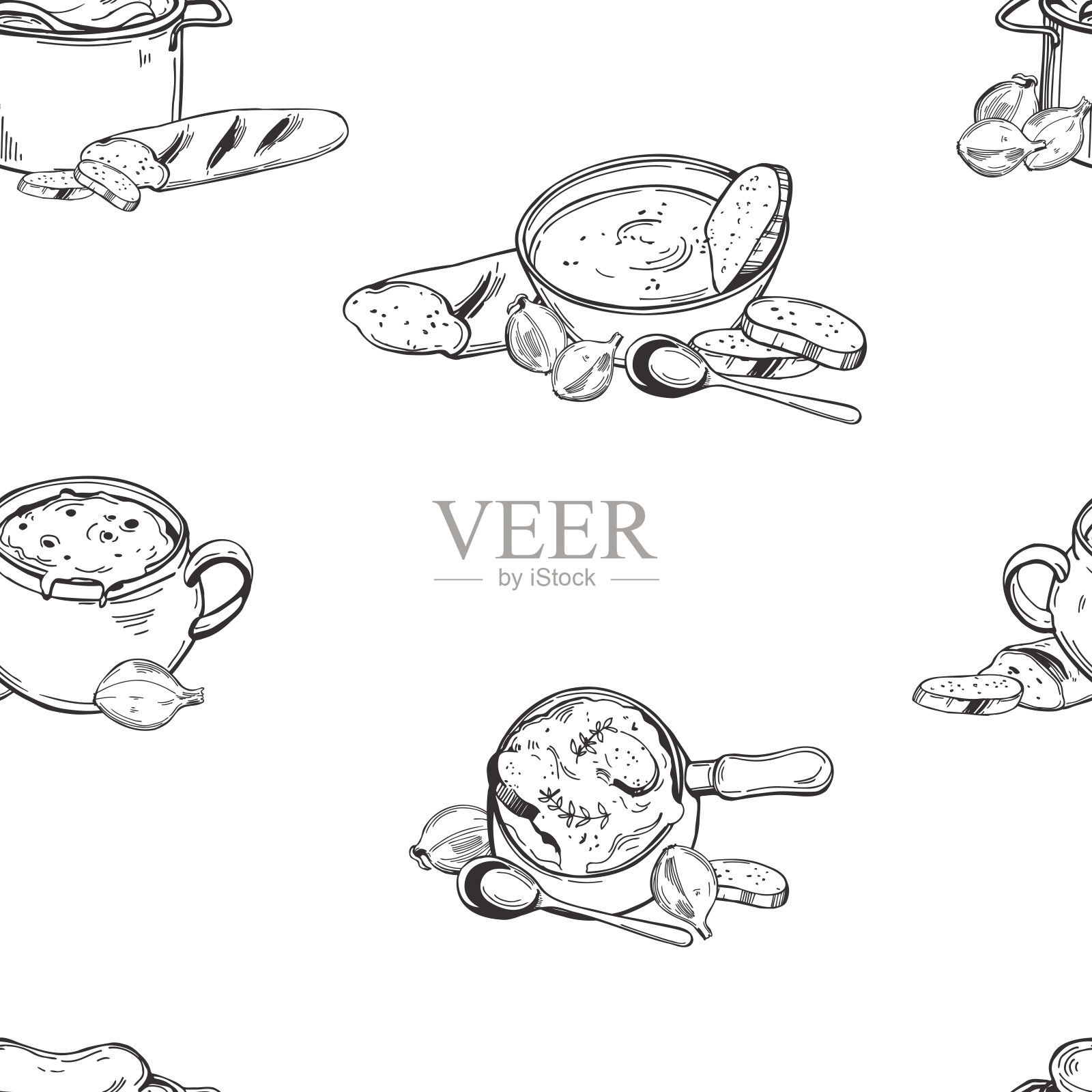 法式洋葱汤套装。矢量模式。插画图片素材