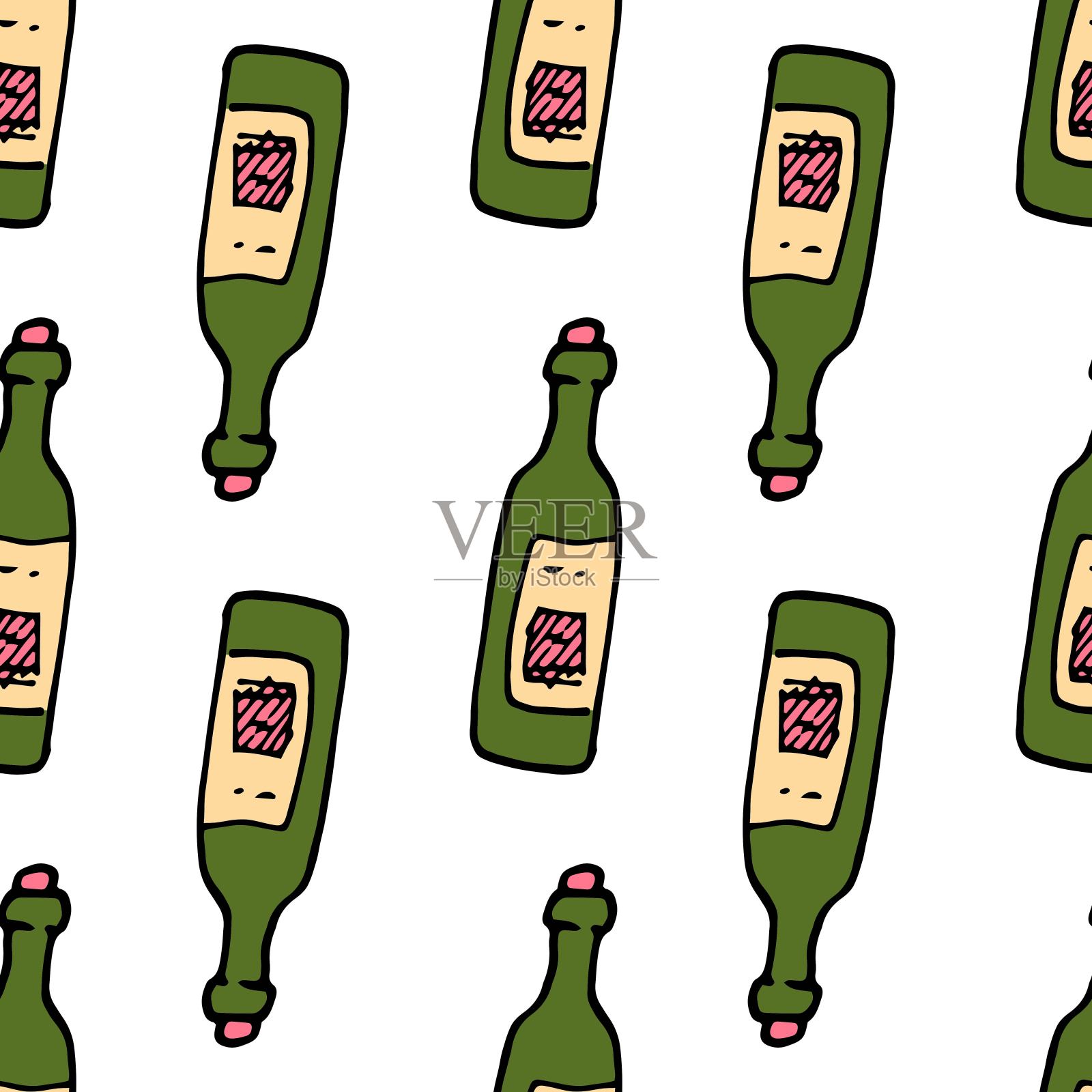 绿色玻璃杯里酒瓶的图案。无缝图案的绿色玻璃酒瓶涂鸦风格，粉红色的标签和塞子，黑色轮廓侧视图在白色的节日设计模板插画图片素材