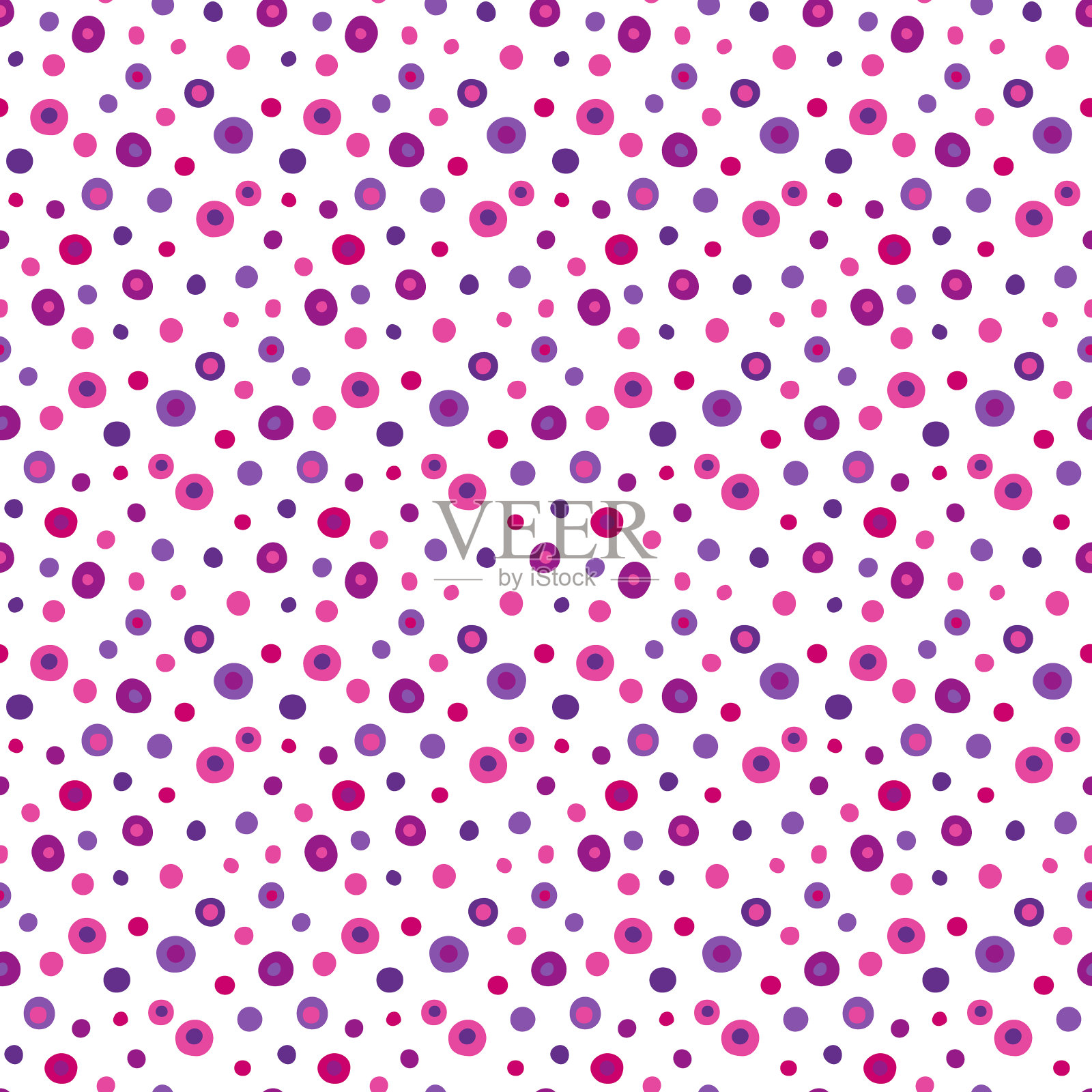 复古充满活力的粉红色紫罗兰色圆点无缝图案。多色不规则随意排列的斑点，分散的斑点。摘要向量背景，幼儿园，时尚印花设计插画图片素材